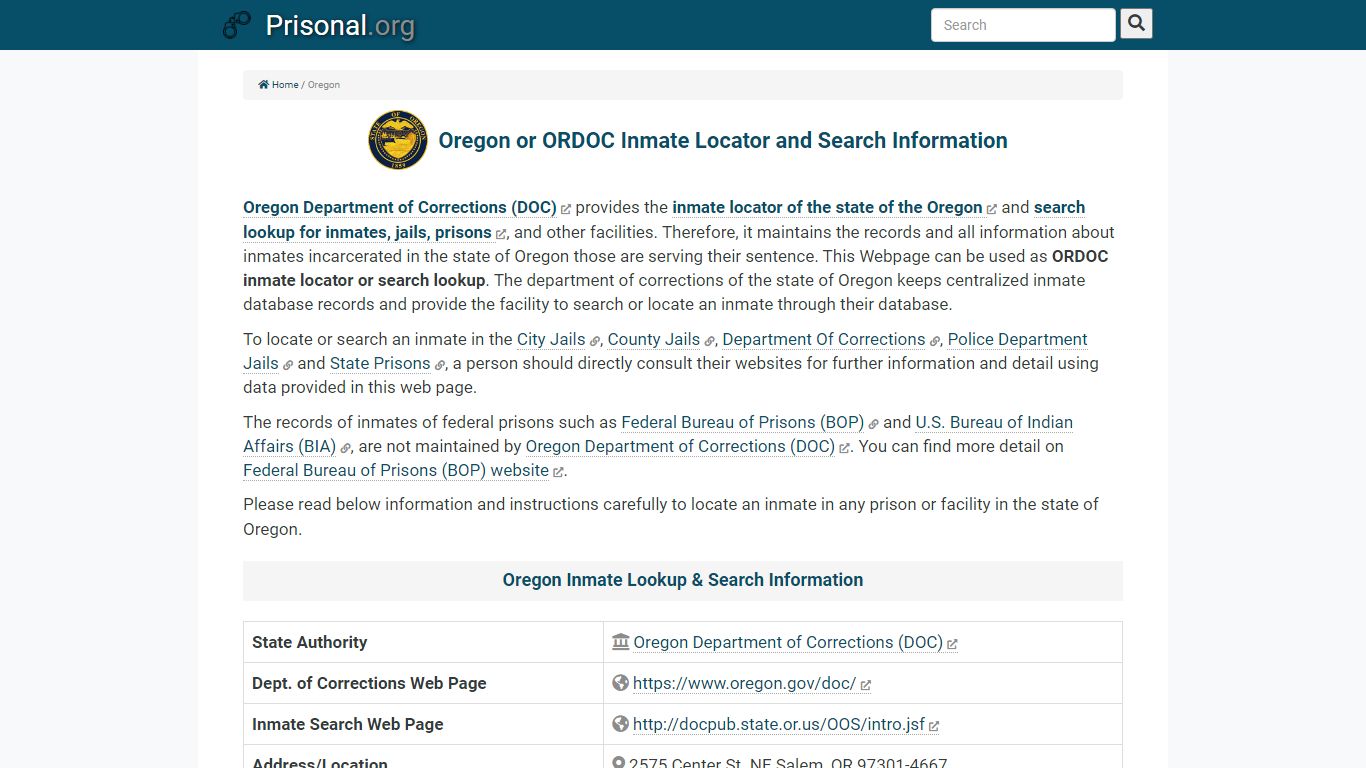 Oregon or ORDOC Inmate Locator/Search Information - Oregon ...
